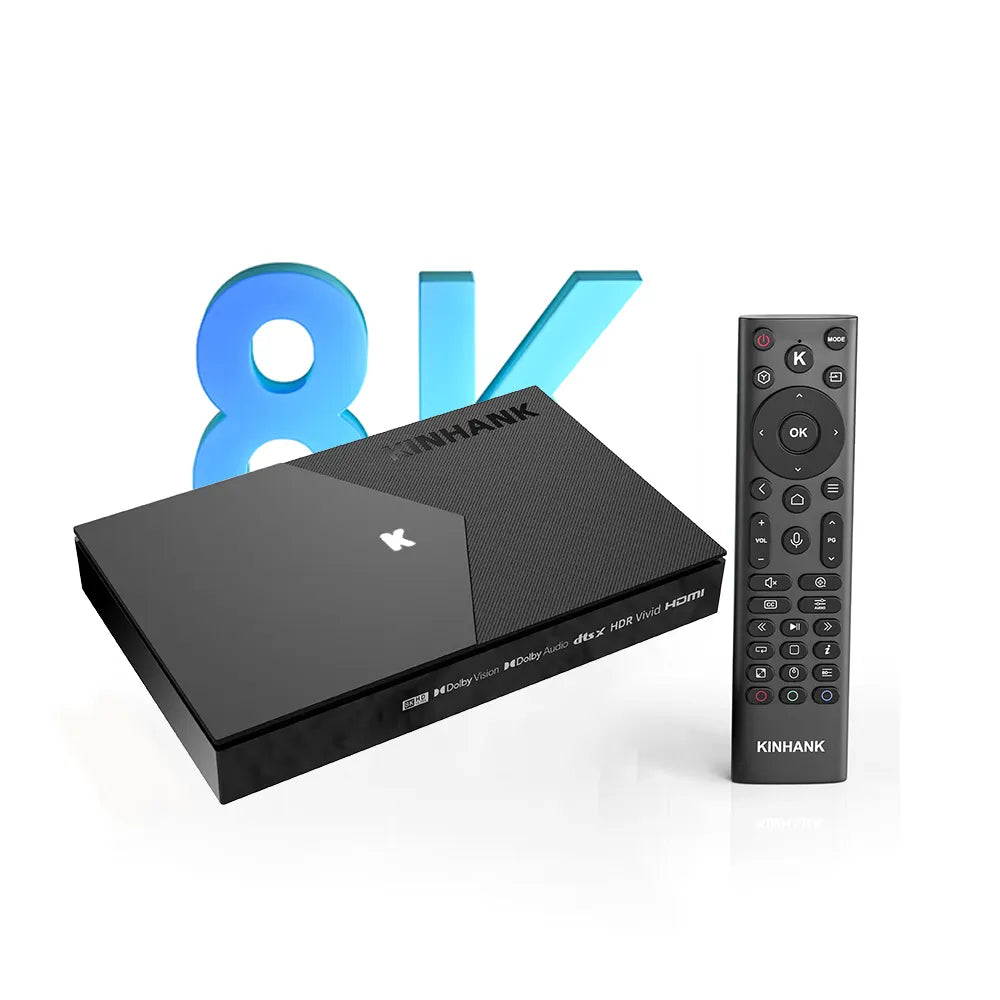 KINHANK K9 TV box and remote control with 8K logo on a white background